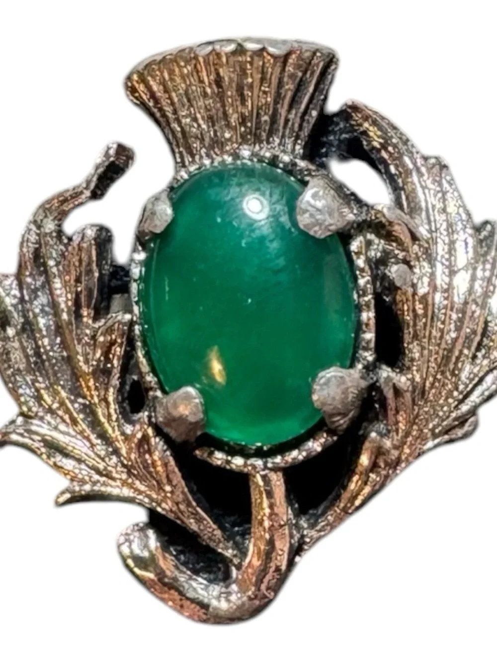 Emerald Green Cabochon Silver Leaf Brooch - Unknown Brand